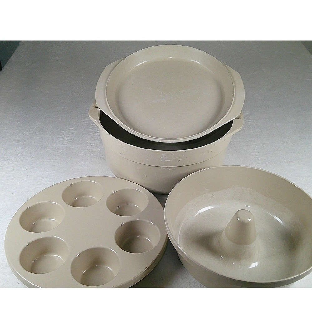 Vintage Tupperware Micro-Cook 4 Piece Set Almondโ Beige Casserole Bundt Muffin